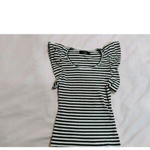 Striped Ruffle Sleeve Top in Green and White